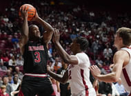 Arkansas State guard Derrian Ford (#3) shoots from the baseline over Alabama guard Latrell Wrightsell Jr. (12) at Coleman Coliseum (Credits: IMAGN)